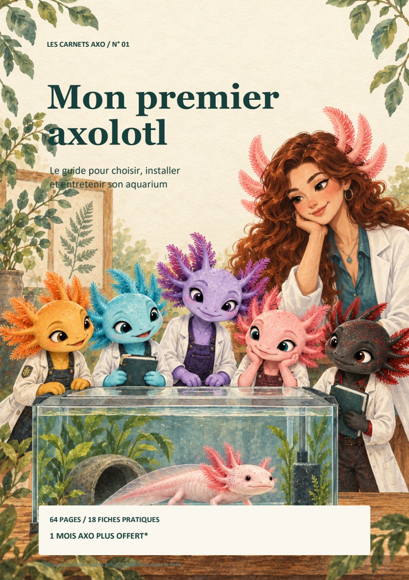 Couverture du livre Mon premier axolotl, avec la prof Maeva et les cinq Axos